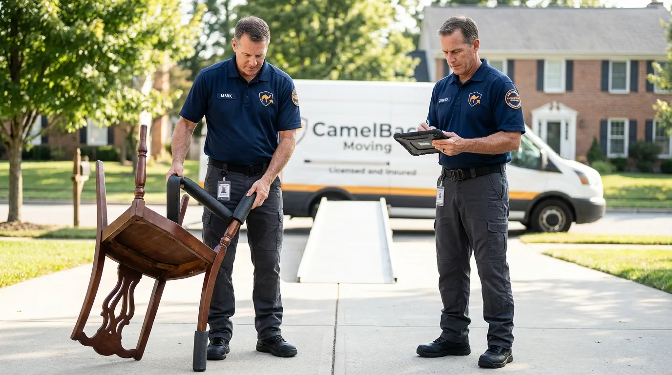 Movers inspecting furniture for damage prevention before loading in Tuscumbia, MO